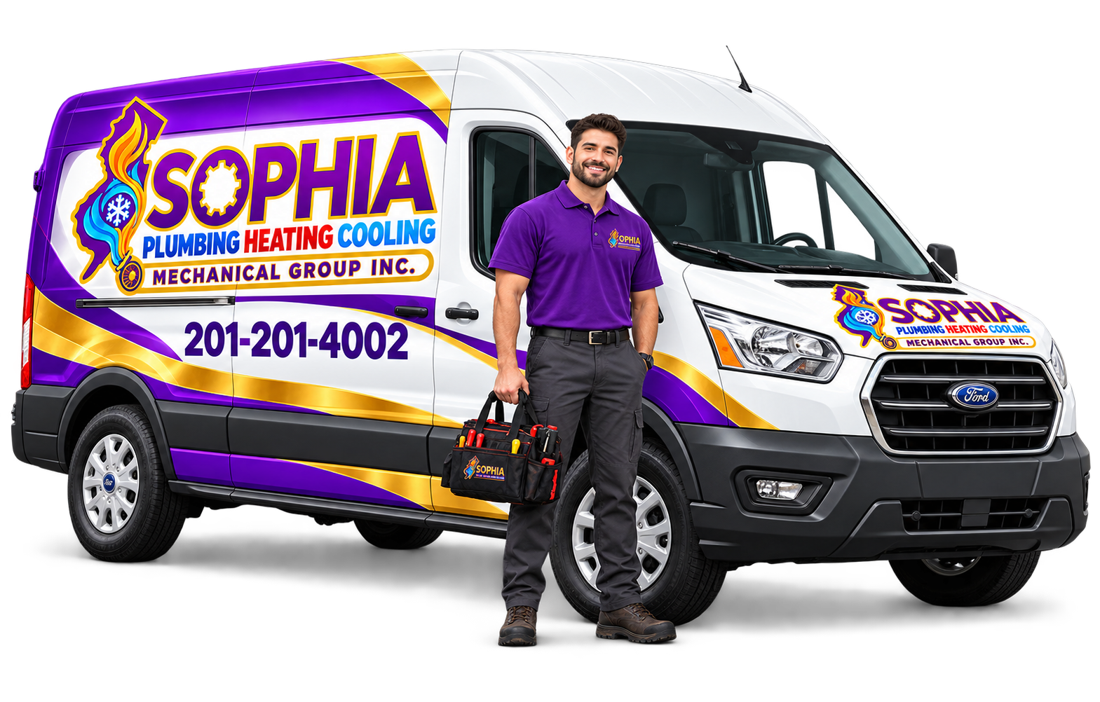 Illustration of a Sophia service van with a technician